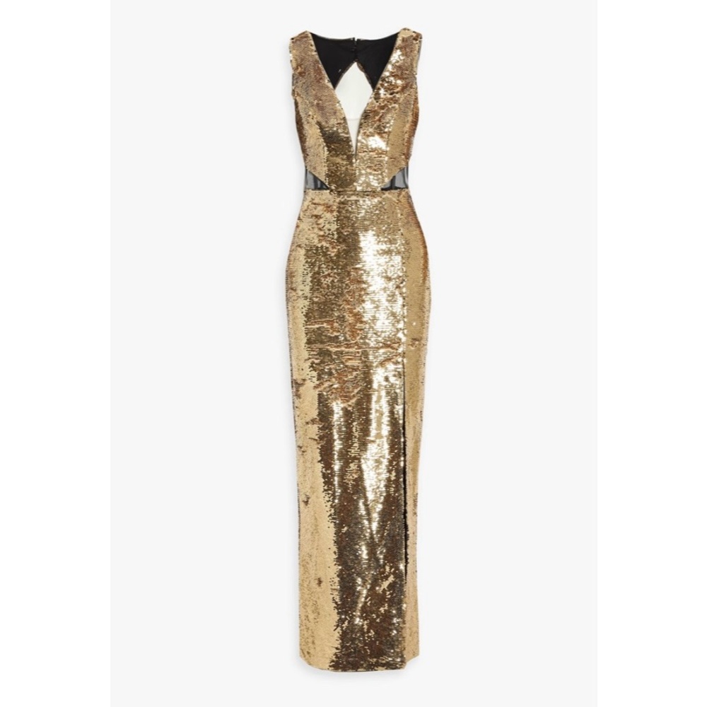 NEW Marchesa Notte Tulle-paneled sequined chiffon gown gold